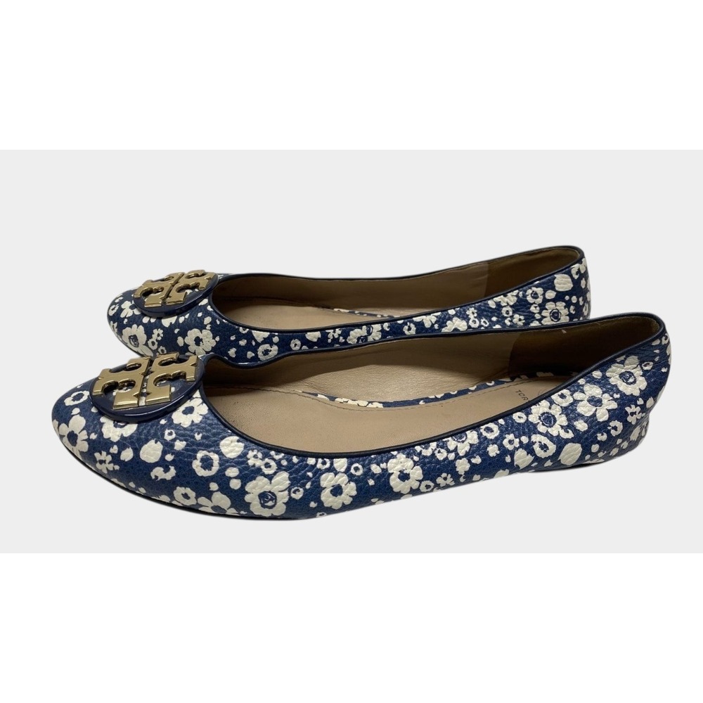 Tory Burch Reva Ballet Flats Womens 8 Navy White Floral Leather Gold Logo Good - Picture 3 of 15